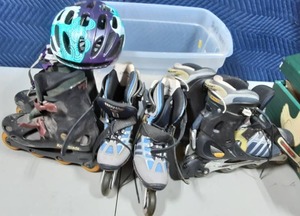 lot 50 image: Lot Of Roller Blade & Inline Skates Mens Size 11, Ladies Size 7, Helmet Includes Bin
