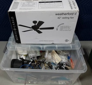 lot 52 image: New In Box 42 Ceiling Fan & Bin Of Assorted Hardware