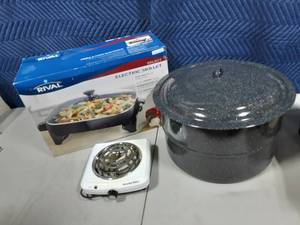 lot 54 image: Rival Electric Skillet (New In Box), Canner With Insert & Electric Burner