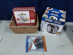 lot 55 image: Aroma Plus Rice Cooker (New In Box), 16 Piece Fondue Set, Basket, Chop Sticks