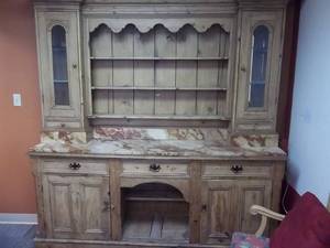 lot 61 image: Large Rustic 2-Piece Hutch With Marble Counter 62x74x22