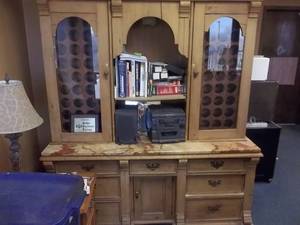 lot 62 image: Large Rustic 2-Piece Hutch With Marble Counter With 2-Wine Racks Inside