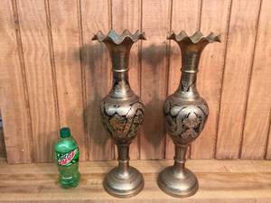 lot 74 image: Pair Vintage Tall Brass Etched Vases