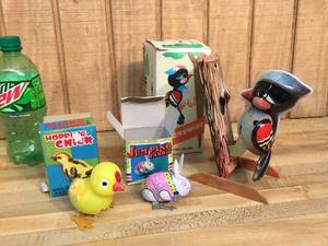lot 93 image: Vintage Wind-Up Jumping Rabbit - Hopping Chick, Woodpecker