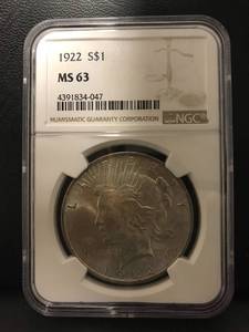 lot 10 image: 1922 P Peace Dollar MS 63
