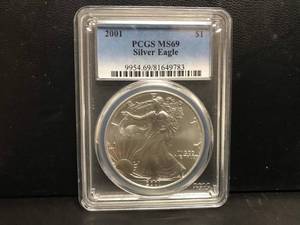 lot 56 image: 2001 1oz Liberty Silver Coin PCGS MS69