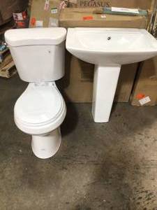 Bathroom Combo High Efficiency Toilet Pedestal Sink and Mirror not used see pictures