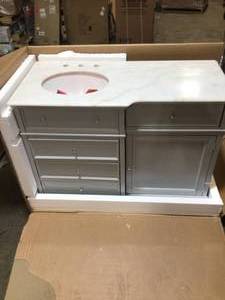 Home Decorators Hampton Harbor 48 in. Vanity in Dove Grey with Natural Marble Vanity Top in White with White Sink not used see pictures