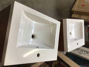 Lot of 2 Timeless Home 24 in. W Single Bath Vanity in Teak with Resin Vanity Top in White with White Basin not used see pictures