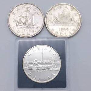 lot 8 image: 3 Canada Silver Dollars, 2-80% & 1-50%