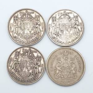 lot 10 image: 4 Canada Half Dollars, 1941, 1944, 1945 & 1961, 80% Silver