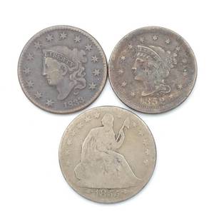 lot 11 image: 1855-O Seated Liberty Half Dollar, 90% Silver, & 2 Large Cents. 1833 & 1852