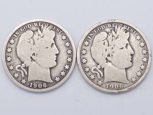 lot 14 image: 2-1906 Barber Half Dollars, 90% Silver