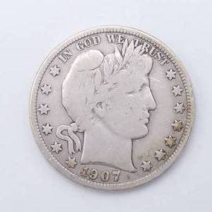lot 15 image: 1907-D Barber Half Dollar, Better Grade, 90% Silver