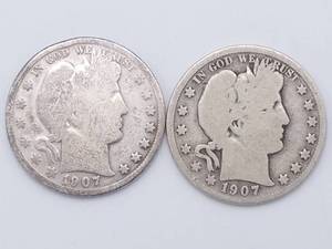 lot 17 image: 1907-D & 1907-S Barber Half Dollars, 90% Silver