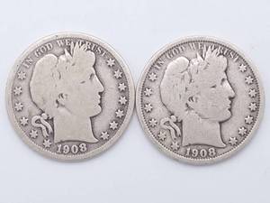 lot 19 image: 1908-D & 1908-S Barber Half Dollars, 90% Silver
