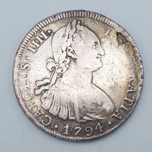 lot 24 image: 1794 Mexico 8 Reales, Actual Silver Weight is .778 Troy Oz