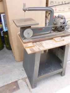 Vintage scroll saw on stand. Tested & works. As shown.