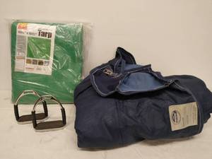 lot 230 image: Weather Proof Horse Blanket, A Tarp and Two Springer Horse Stirrups