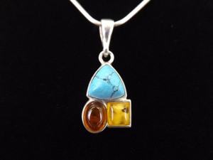 .925 Sterling Silver Turquoise Howlite and Amber Pendant Necklace