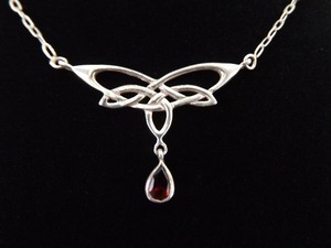 .925 Sterling Silver Celtic Wings Pear Cut Garnet Dangle Pendant Necklace