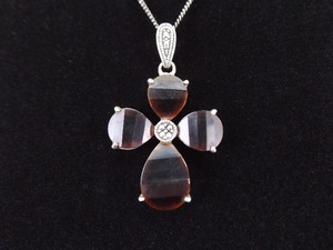 .925 Sterling Silver Art Nouveau Faceted Smokey Quartz Cross Pendant Necklace