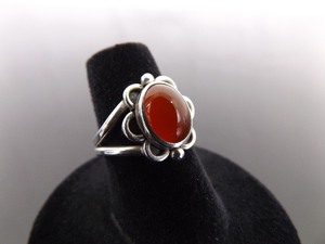 .925 Sterling Silver Red Amber Cabochon Ring Size 5.5