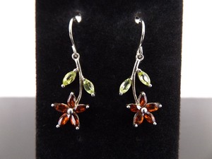 .925 Sterling Silver Peridot and Garnet Flower Dangle Hook Earrings