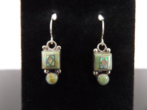 .925 Sterling Silver Green Turquoise Inlayed Opal Dangle Hook Earrings