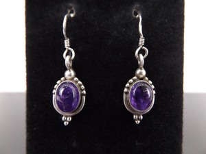 .925 Sterling Silver Amethyst Cabochon Dangle Hook Earrings