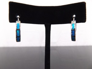 .925 Sterling Silver Inlayed Opal Hook Latch Hoop Earrings