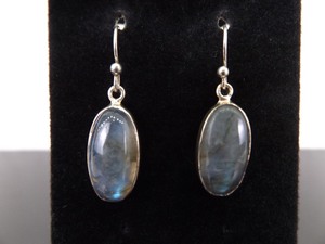 .925 Sterling Silver Labradorite Cabochon Dangle Hook Earrings