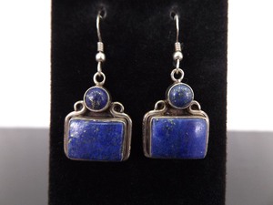 .925 Sterling Silver Lapis Lazuli Cabochon Dangle Hook Earrings