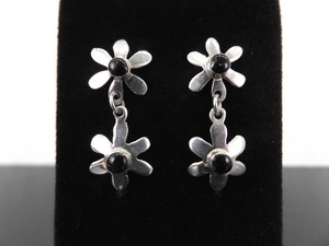 .925 Sterling Silver Black Onyx Cabochon Flower Dangle Post Earrings
