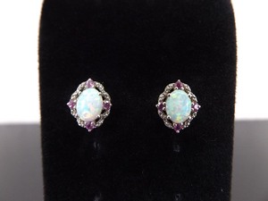 .925 Sterling Silver Opal Cabochon Diamond and Pink Sapphire Accented Post Earrings