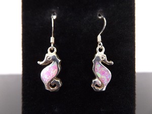.925 Sterling Silver Inlayed Opal Seahorse Dangle Hook Earrings