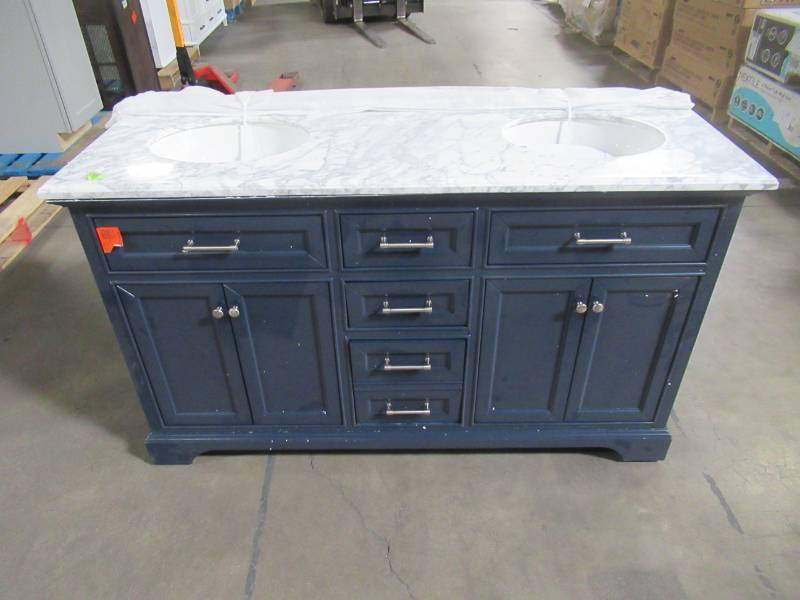 Windlowe 61 in. W x 22 in. D x 35 in. H Bath Vanity in Navy Blue with Carrara Marble Vanity Top in White with White Sink