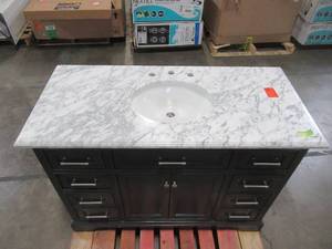 lot 302 image: Home Decorators Collection Windlowe 49 in. W x 22 in. D x 35 in. H Bath Vanity in Gray with Carrara Marble Vanity Top in White with White Sink 15101-VS49C-GR