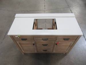 lot 309 image: Home Decorators Collection Stanhope 49 in. W x 22 in. D Vanity in Reclaimed Oak and Engineered Stone Vanity Top in Creamed Coffee with White Sink SNOVT4922D