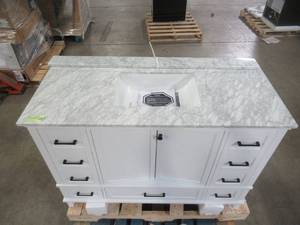 lot 324 image: Home Decorators Collection Merryfield 49 in. W x 22 in. D Bath Vanity in White with Marble Vanity Top in Carrara White with White Basin 19112-VS49-WT