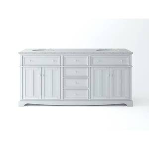 lot 112 image: Home Decorators Collection Fremont 72 in. W x 22 in. D Double Vanity in White with Granite Vanity Top in Grey with White Basins, MD-V1792 - VANITY TOP CRACKED, HOLE IN VOTTOM RH SIDE.