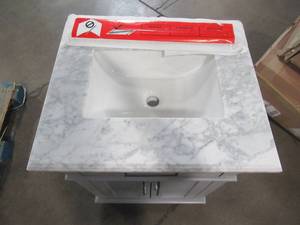lot 210 image: Home Decorators Collection Sonoma 24 in. W x 20.25 in. D Vanity in Pebble Grey with Natural Marble Vanity Top in White with White Basin 9784800240