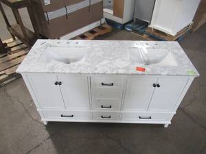 lot 212 image: Home Decorators Collection Merryfield 61 in. W x 22 in. D Bath Vanity in White with Marble Vanity Top in Carrara White with White Basin 19112-VS61-WT