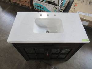 lot 214 image: Home Decorators Collection Drysdale 36 in. W x 34.5 in. H Bath Vanity in Sable with Engineered Stone Vanity Top in Lgt Vein Carrera with White Basin HDC36MFV