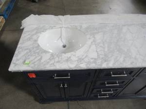 lot 218 image: Home Decorators Collection Windlowe 61 in. W x 22 in. D x 35 in. H Bath Vanity in Navy Blue with Carrara Marble Vanity Top in White with White Sink 15101-VS61C-NB