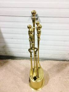 RARE Vintage Nelson Hearth Kit Brass Ball Top Metal Slot Fitted Fireplace Tools Set - Very Cool How Everything Fits In The Slotted Stand Great Condition