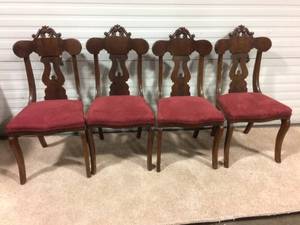 GORGEOUS RARE SET OF 4 MATCHING LATE 19TH CENTURY ANTIQUE CARVED MAHOGANY VICTORIAN CHAIRS WITH RED VELVET SEATS - GREAT CONDITION FOR AGE&nbsp THOUGH PLEASE KEEP IN MIND THESE ARE ANTIQUE SO WEAR &amp TEAR SHOULD BE EXPECTED...VELVET LOOKS INTACT