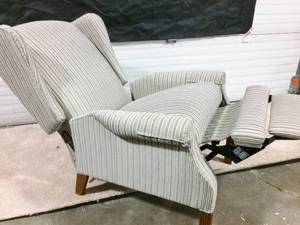 MSRP $1000 LAZY BOY STRIPED CORDUROY STYLE KIMBERLY HIGH LEG RECLINING WINGBACK CHAIR - EXCELLENT CONDITION