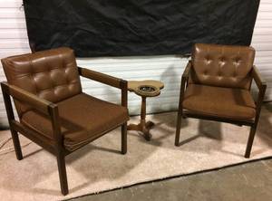 Super Retro Cool MCM Mad Men Style Pair Smoking Room Wood &amp Brown Leather Tufted Back &amp Cloth Seat Arm Chairs - Great Condition No Stains - Ashtray Stand Available For Purchase In The Next Lot #25...&nbsp