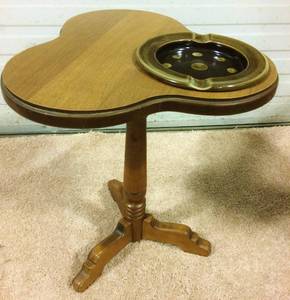 Retro Chic Wood Shamrock Smoking Stand Made By Iconic Tell&nbspCity Chair Company With Fantastic M. A. Hadley Pottery Hot Brown Fleck Dot Ashtray - Really A Great Find &amp In Great Condition